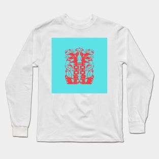 Traditional Chinese Paper Cutting Pattern - Hong Kong Retro Turquoise Blue with Red Symbol Long Sleeve T-Shirt